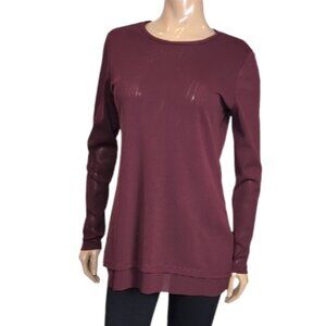 Ecru Long Sleeve Mesh Tunic Top Sheer Layered Burgundy Red Womens Medium